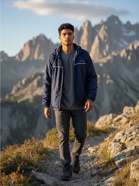Men's Navy Hooded Rain Jacket with Zip Front